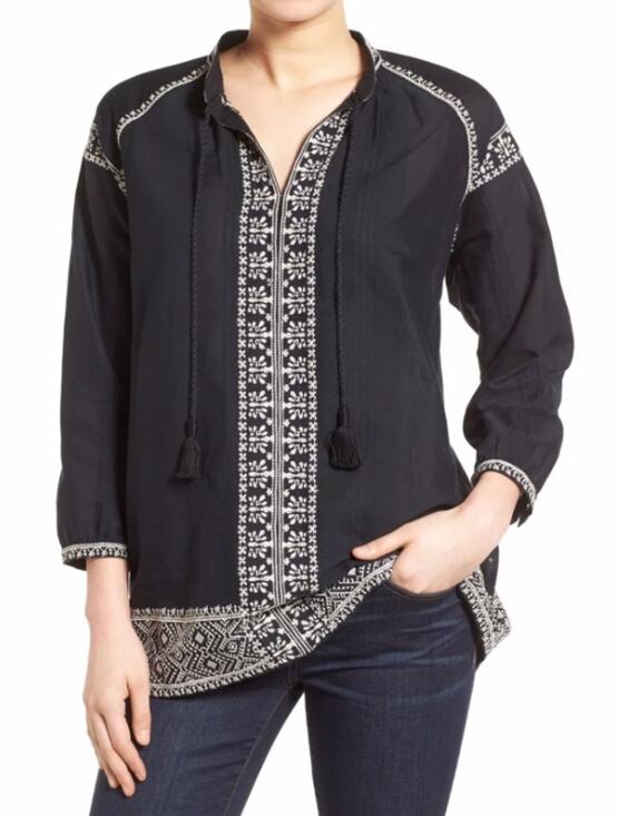 Madewell Tops - Madewell Camelia Blouse S Black Tunic Embroidery Tassel Festival Boho Peasant